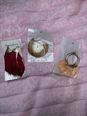 Fringe Statement Earrings Trio - Burgundy, Gold, Peach